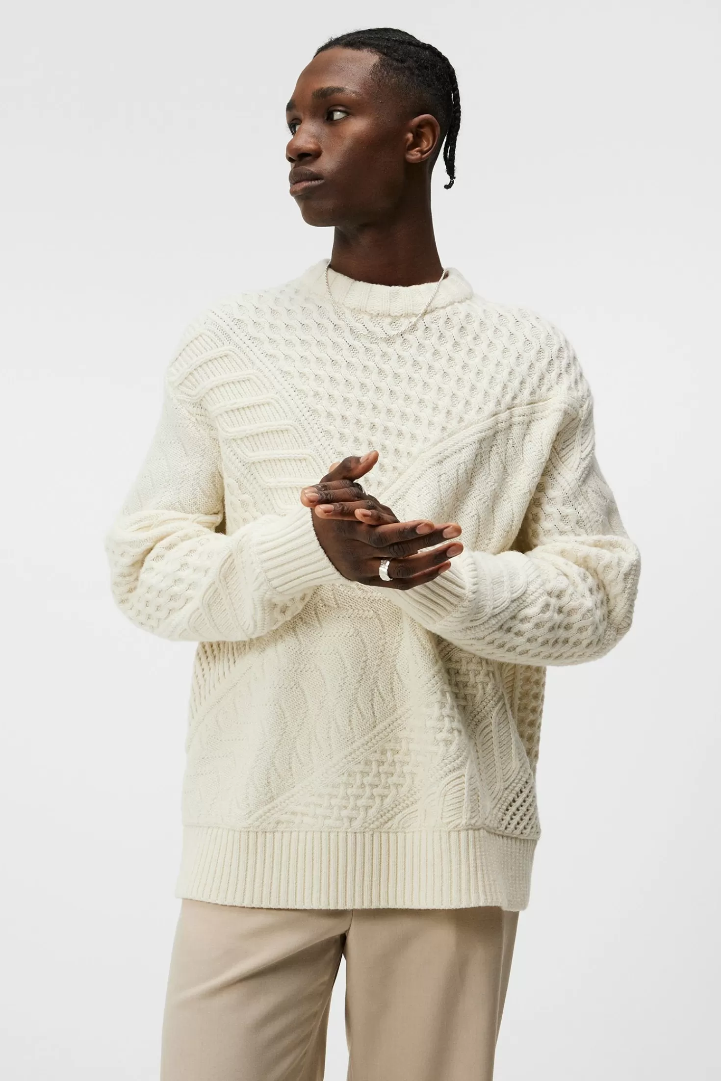 Stickat<J.Lindeberg Savio Cable Knit Mock Neck Cloud White